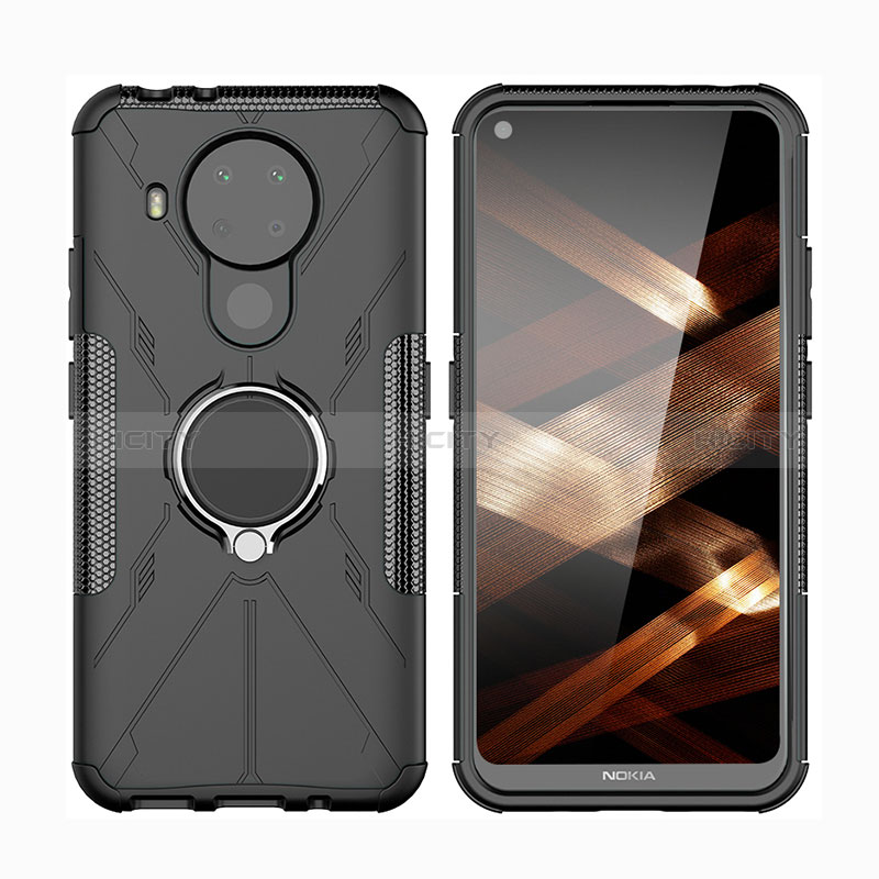 Coque Contour Silicone et Plastique Housse Etui Mat avec Magnetique Support Bague Anneau JX2 pour Nokia 5.4 Noir Plus