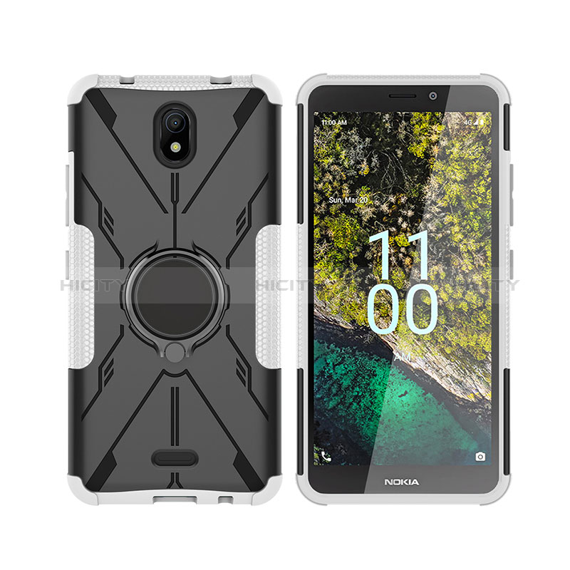 Coque Contour Silicone et Plastique Housse Etui Mat avec Magnetique Support Bague Anneau JX2 pour Nokia C100 Argent Plus