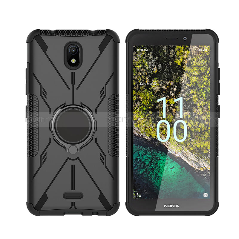 Coque Contour Silicone et Plastique Housse Etui Mat avec Magnetique Support Bague Anneau JX2 pour Nokia C100 Noir Plus