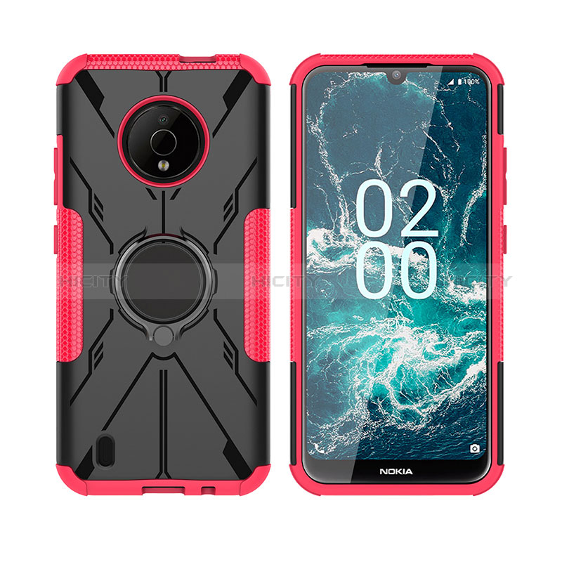 Coque Contour Silicone et Plastique Housse Etui Mat avec Magnetique Support Bague Anneau JX2 pour Nokia C200 Rose Rouge Plus