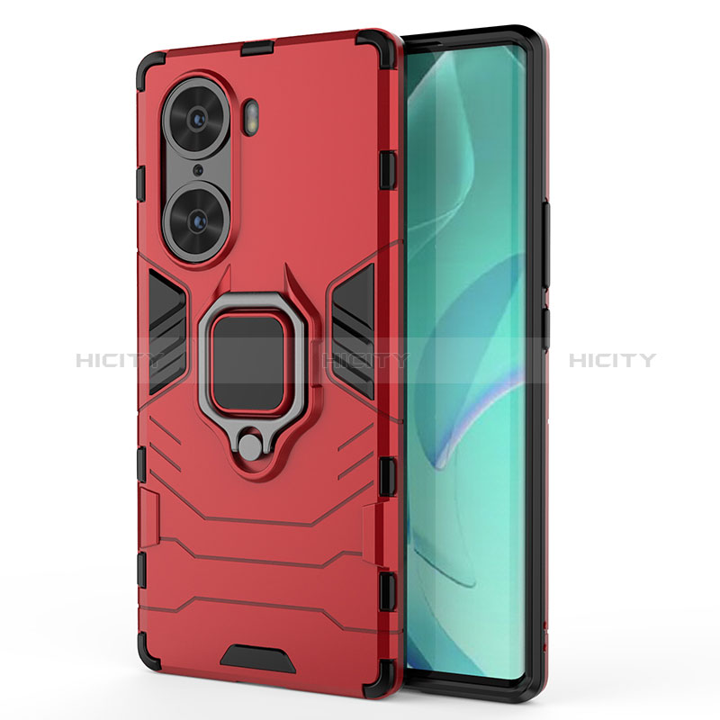 Coque Contour Silicone et Plastique Housse Etui Mat avec Magnetique Support Bague Anneau KC1 pour Huawei Honor 60 5G Rouge Plus