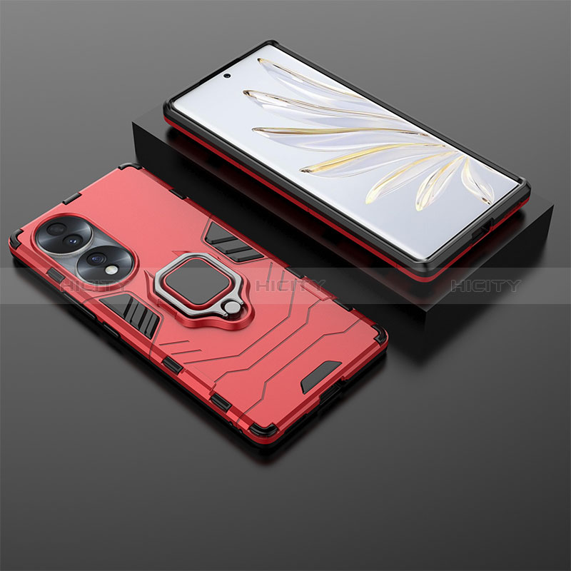 Coque Contour Silicone et Plastique Housse Etui Mat avec Magnetique Support Bague Anneau KC1 pour Huawei Honor 70 5G Rouge Plus