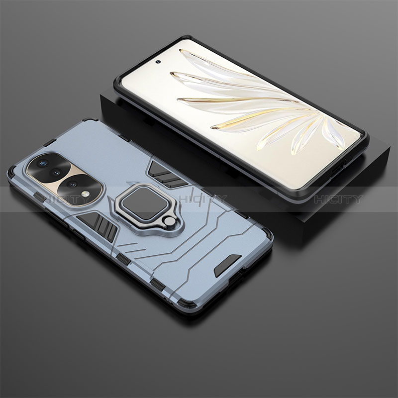 Coque Contour Silicone et Plastique Housse Etui Mat avec Magnetique Support Bague Anneau KC1 pour Huawei Honor 70 Pro 5G Bleu Plus