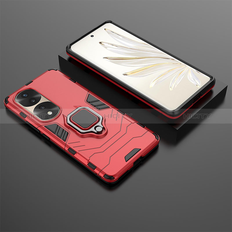 Coque Contour Silicone et Plastique Housse Etui Mat avec Magnetique Support Bague Anneau KC1 pour Huawei Honor 70 Pro 5G Rouge Plus