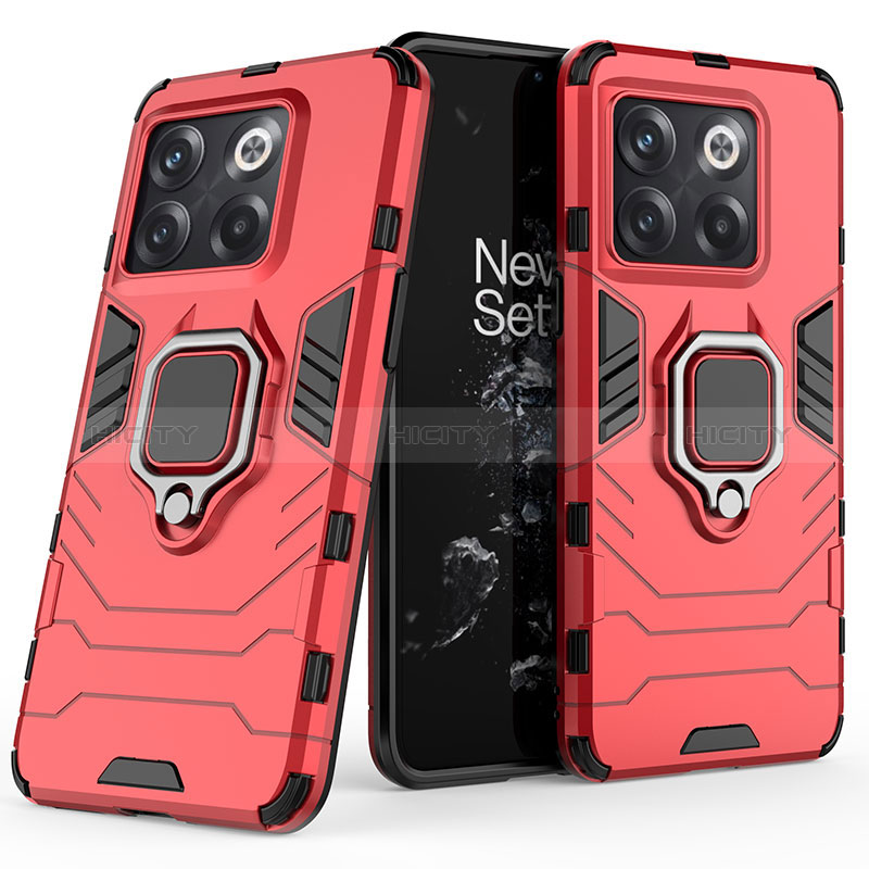 Coque Contour Silicone et Plastique Housse Etui Mat avec Magnetique Support Bague Anneau KC1 pour OnePlus 10T 5G Rouge Plus