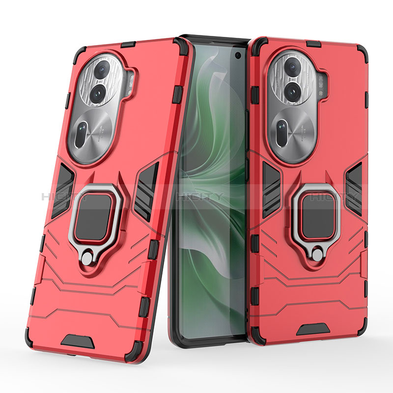 Coque Contour Silicone et Plastique Housse Etui Mat avec Magnetique Support Bague Anneau KC1 pour Oppo Reno11 Pro 5G Rouge Plus