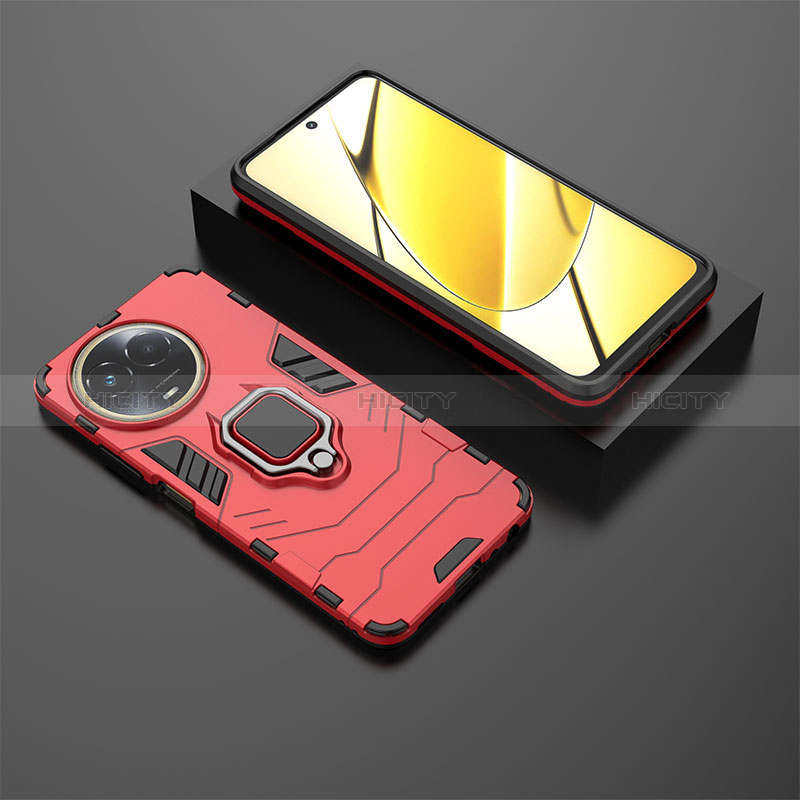 Coque Contour Silicone et Plastique Housse Etui Mat avec Magnetique Support Bague Anneau KC1 pour Realme 11X 5G Rouge Plus