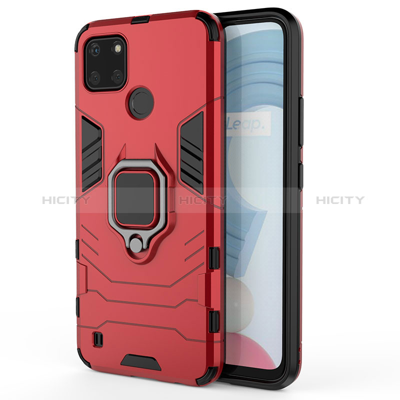 Coque Contour Silicone et Plastique Housse Etui Mat avec Magnetique Support Bague Anneau KC1 pour Realme C21Y Rouge Plus