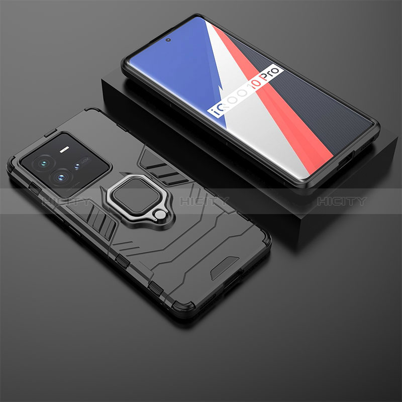 Coque Contour Silicone et Plastique Housse Etui Mat avec Magnetique Support Bague Anneau KC1 pour Vivo iQOO 10 Pro 5G Noir Plus