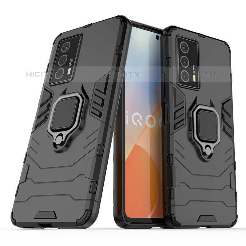 Coque Contour Silicone et Plastique Housse Etui Mat avec Magnetique Support Bague Anneau KC1 pour Vivo iQOO Z5 5G Noir Plus