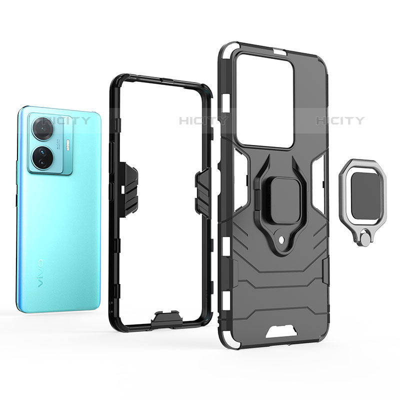 Coque Contour Silicone et Plastique Housse Etui Mat avec Magnetique Support Bague Anneau KC1 pour Vivo iQOO Z6 Pro 5G Plus