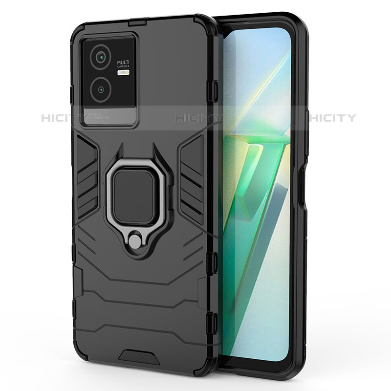 Coque Contour Silicone et Plastique Housse Etui Mat avec Magnetique Support Bague Anneau KC1 pour Vivo iQOO Z6x Noir Plus