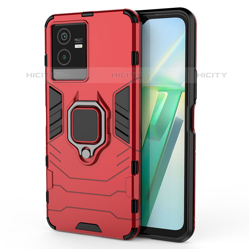 Coque Contour Silicone et Plastique Housse Etui Mat avec Magnetique Support Bague Anneau KC1 pour Vivo iQOO Z6x Rouge Plus