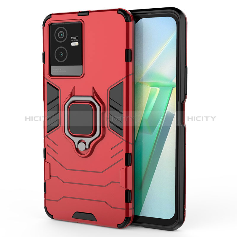 Coque Contour Silicone et Plastique Housse Etui Mat avec Magnetique Support Bague Anneau KC1 pour Vivo T2x 5G Rouge Plus