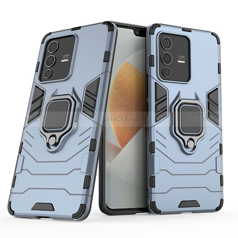 Coque Contour Silicone et Plastique Housse Etui Mat avec Magnetique Support Bague Anneau KC1 pour Vivo V23 Pro 5G Bleu Plus