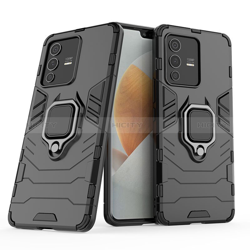 Coque Contour Silicone et Plastique Housse Etui Mat avec Magnetique Support Bague Anneau KC1 pour Vivo V23 Pro 5G Noir Plus