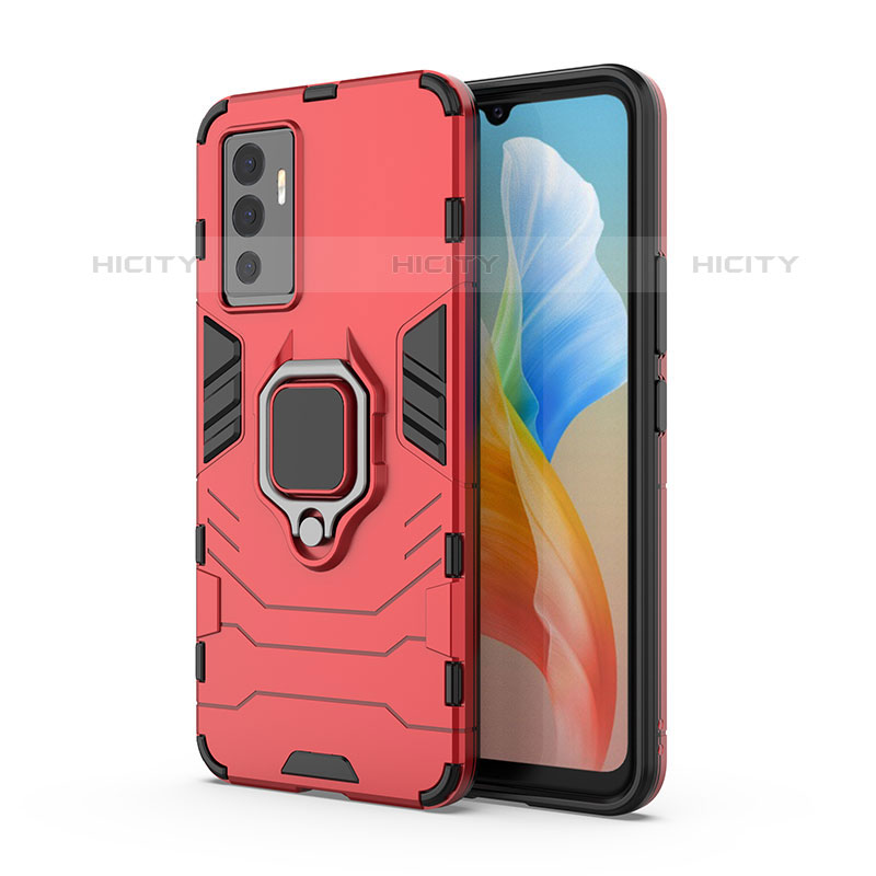 Coque Contour Silicone et Plastique Housse Etui Mat avec Magnetique Support Bague Anneau KC1 pour Vivo V23e 5G Rouge Plus