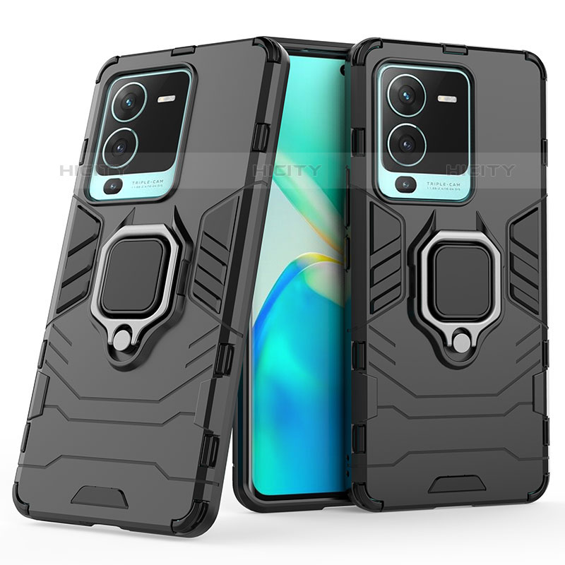 Coque Contour Silicone et Plastique Housse Etui Mat avec Magnetique Support Bague Anneau KC1 pour Vivo V25 Pro 5G Noir Plus