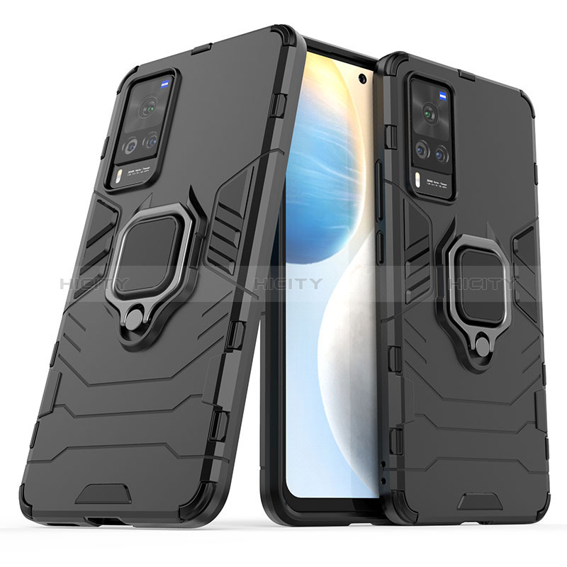 Coque Contour Silicone et Plastique Housse Etui Mat avec Magnetique Support Bague Anneau KC1 pour Vivo X60 Pro 5G Noir Plus