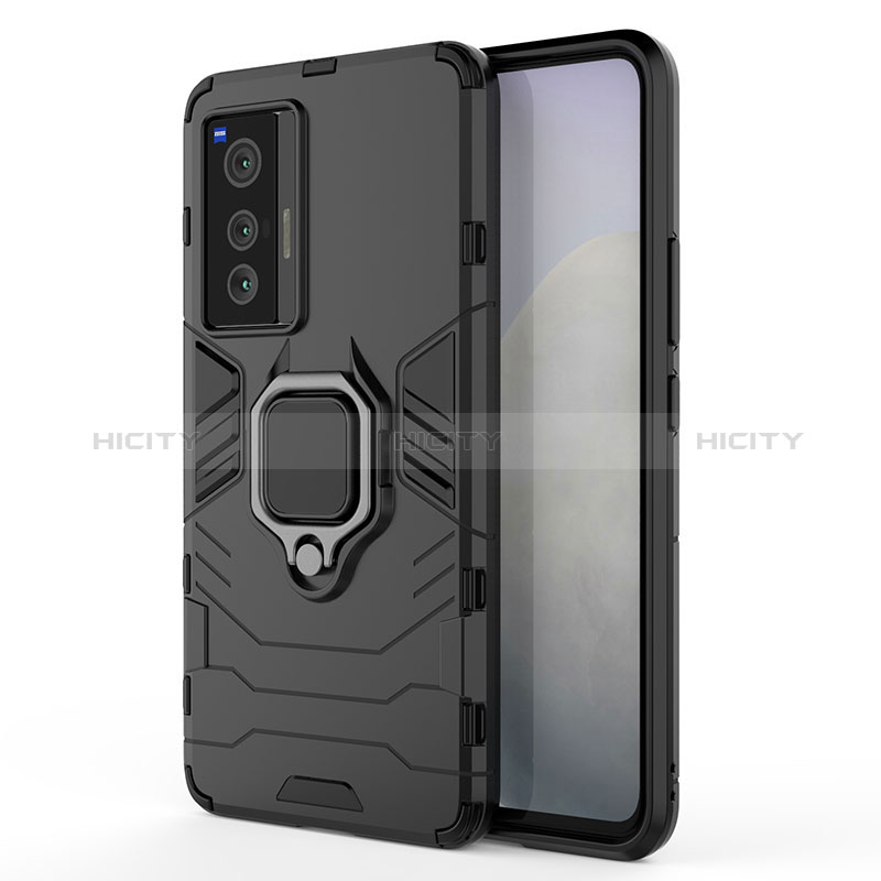 Coque Contour Silicone et Plastique Housse Etui Mat avec Magnetique Support Bague Anneau KC1 pour Vivo X70 5G Noir Plus