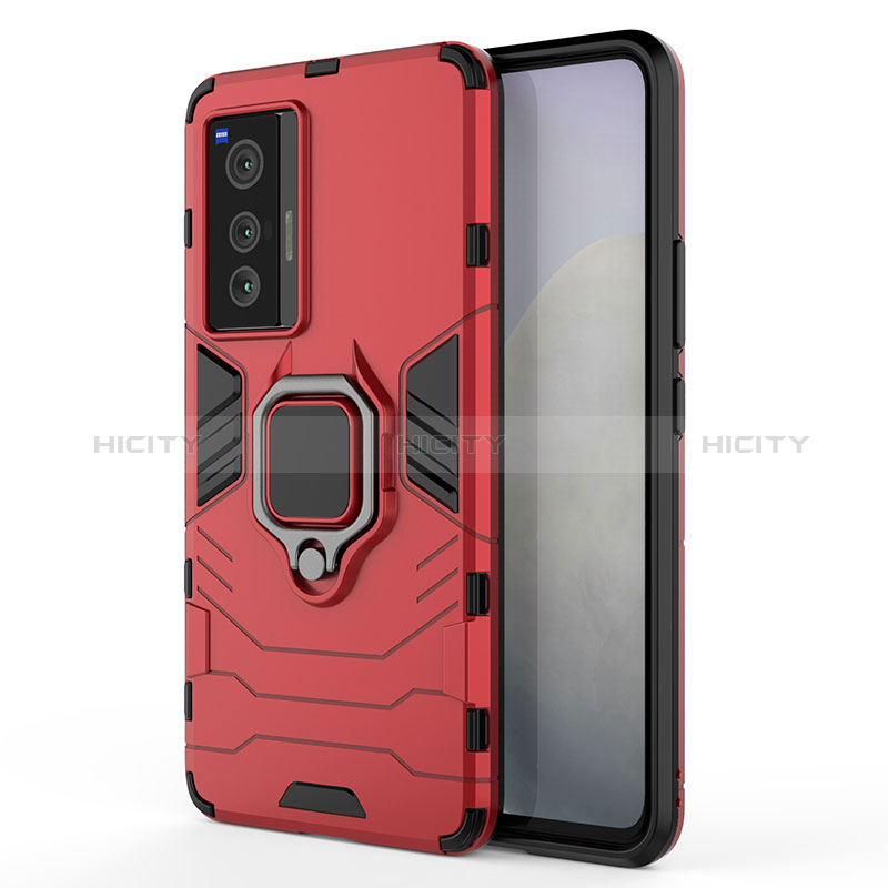 Coque Contour Silicone et Plastique Housse Etui Mat avec Magnetique Support Bague Anneau KC1 pour Vivo X70 5G Rouge Plus