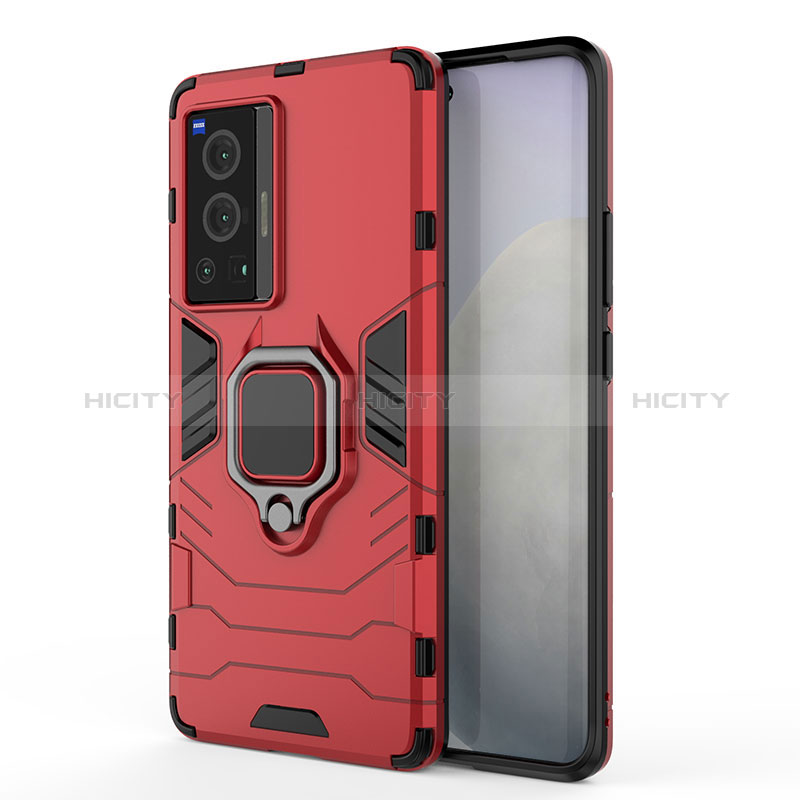 Coque Contour Silicone et Plastique Housse Etui Mat avec Magnetique Support Bague Anneau KC1 pour Vivo X70 Pro 5G Rouge Plus