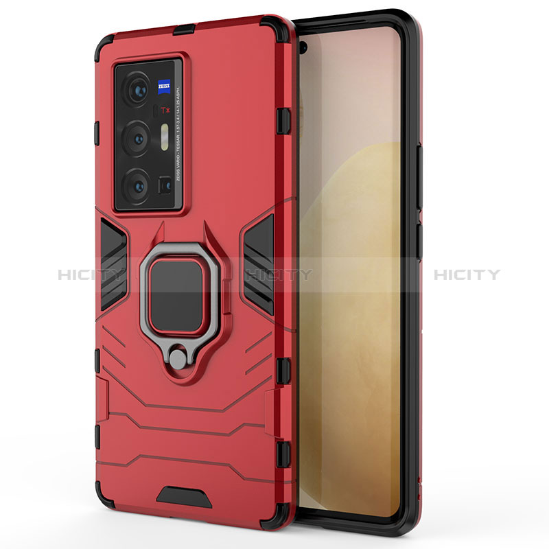 Coque Contour Silicone et Plastique Housse Etui Mat avec Magnetique Support Bague Anneau KC1 pour Vivo X70 Pro+ Plus 5G Rouge Plus