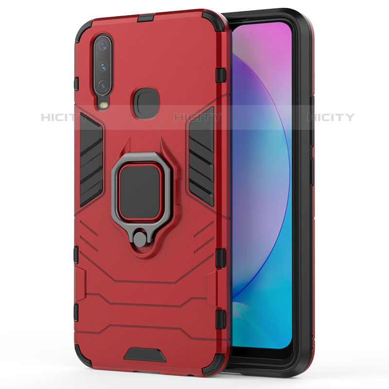 Coque Contour Silicone et Plastique Housse Etui Mat avec Magnetique Support Bague Anneau KC1 pour Vivo Y11 Rouge Plus