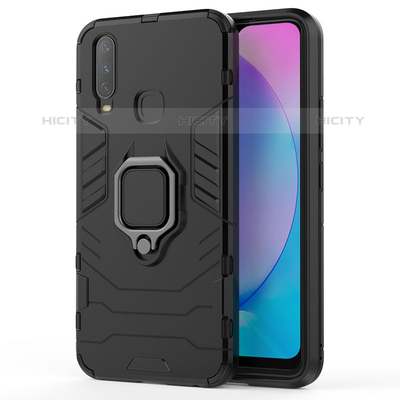 Coque Contour Silicone et Plastique Housse Etui Mat avec Magnetique Support Bague Anneau KC1 pour Vivo Y12 Noir Plus