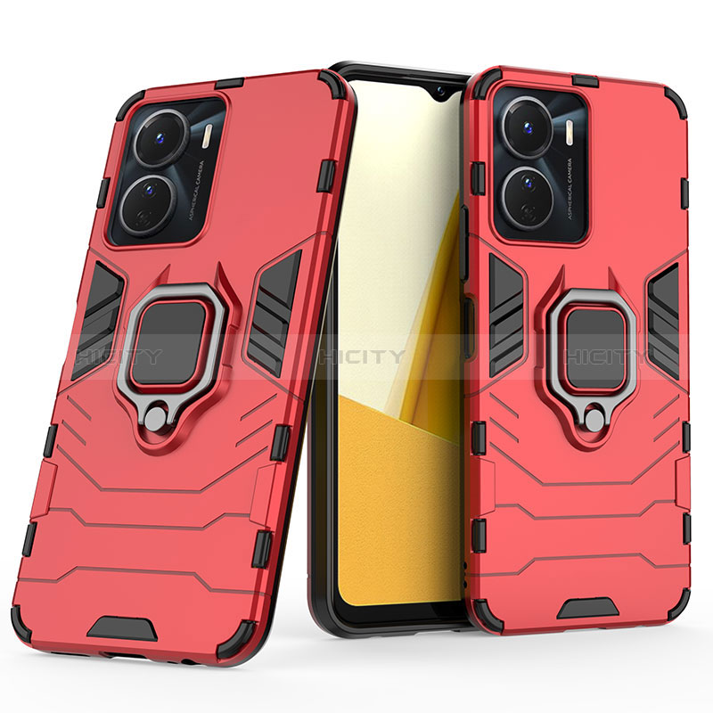 Coque Contour Silicone et Plastique Housse Etui Mat avec Magnetique Support Bague Anneau KC1 pour Vivo Y16 Rouge Plus