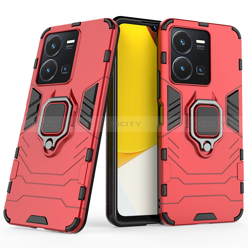 Coque Contour Silicone et Plastique Housse Etui Mat avec Magnetique Support Bague Anneau KC1 pour Vivo Y35 4G Rouge Plus