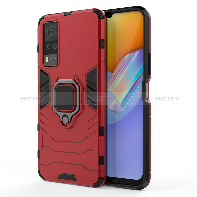 Coque Contour Silicone et Plastique Housse Etui Mat avec Magnetique Support Bague Anneau KC1 pour Vivo Y53s 4G Rouge Plus