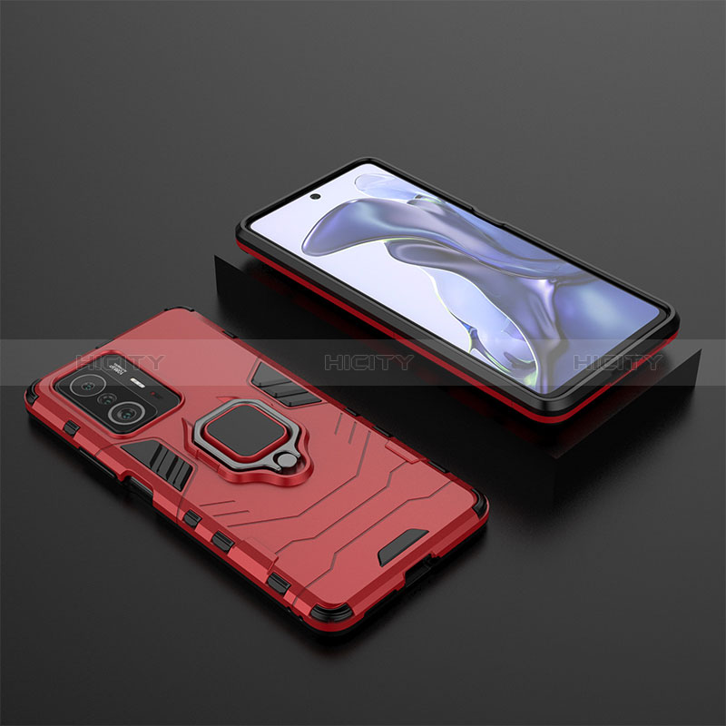 Coque Contour Silicone et Plastique Housse Etui Mat avec Magnetique Support Bague Anneau KC1 pour Xiaomi Mi 11T 5G Rouge Plus