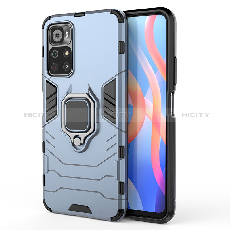 Coque Contour Silicone et Plastique Housse Etui Mat avec Magnetique Support Bague Anneau KC1 pour Xiaomi Poco M4 Pro 5G Bleu Plus