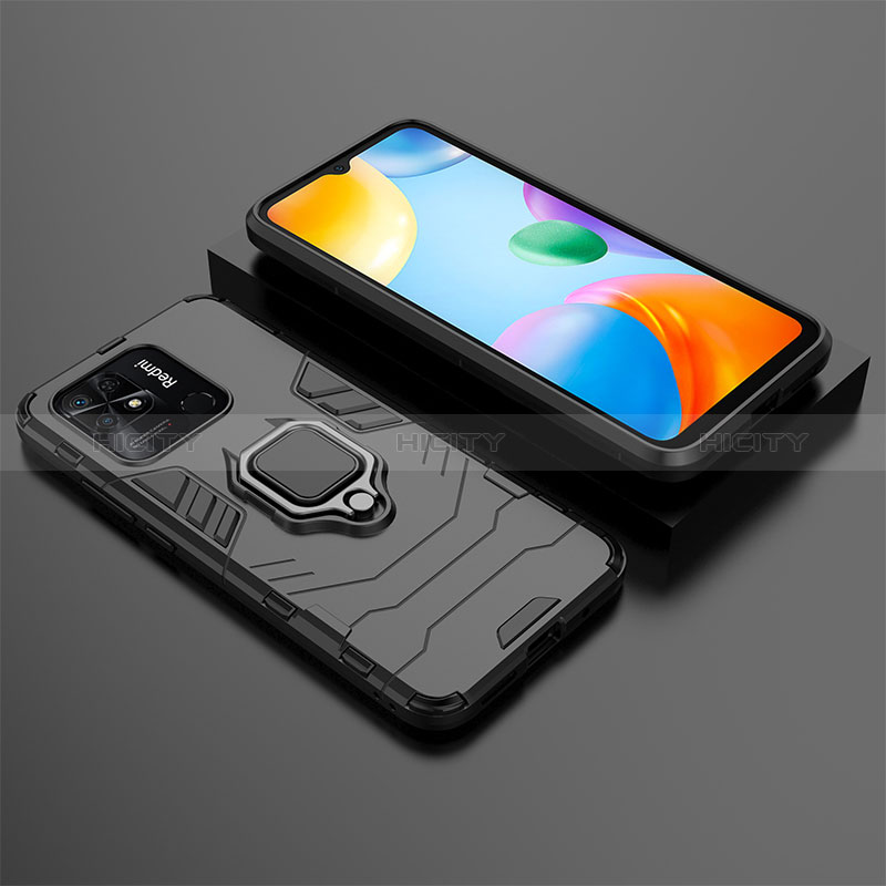 Coque Contour Silicone et Plastique Housse Etui Mat avec Magnetique Support Bague Anneau KC1 pour Xiaomi Redmi 10 India Noir Plus