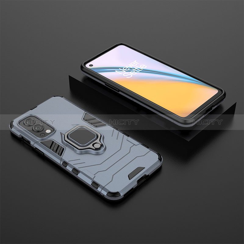 Coque Contour Silicone et Plastique Housse Etui Mat avec Magnetique Support Bague Anneau KC2 pour OnePlus Nord 2 5G Bleu Plus