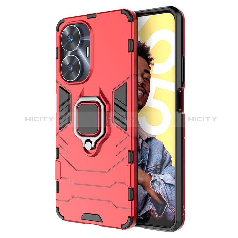 Coque Contour Silicone et Plastique Housse Etui Mat avec Magnetique Support Bague Anneau KC2 pour Realme C55 Rouge Plus