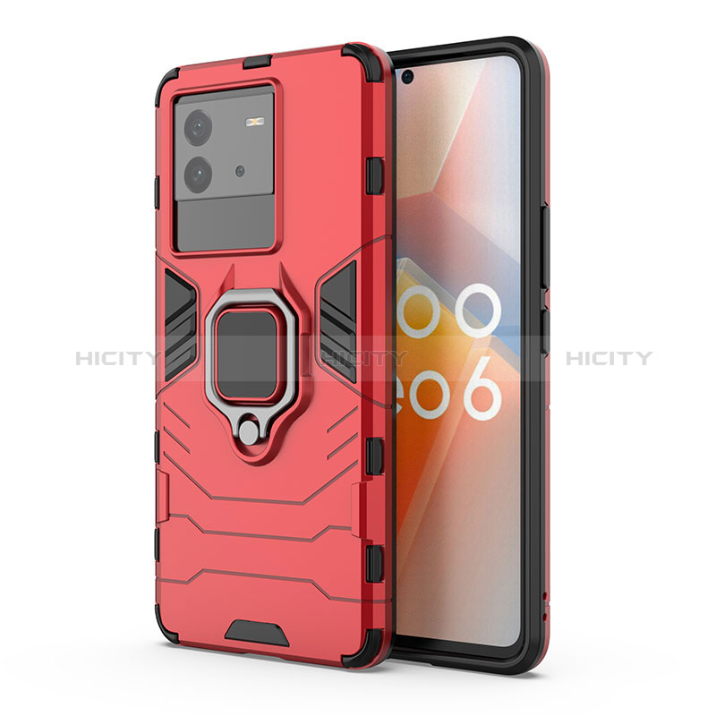 Coque Contour Silicone et Plastique Housse Etui Mat avec Magnetique Support Bague Anneau KC2 pour Vivo iQOO Neo6 5G Rouge Plus