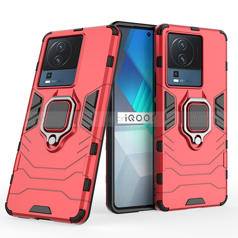 Coque Contour Silicone et Plastique Housse Etui Mat avec Magnetique Support Bague Anneau KC2 pour Vivo iQOO Neo7 SE Rouge Plus