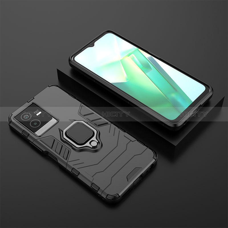 Coque Contour Silicone et Plastique Housse Etui Mat avec Magnetique Support Bague Anneau KC2 pour Vivo T2x 5G Noir Plus