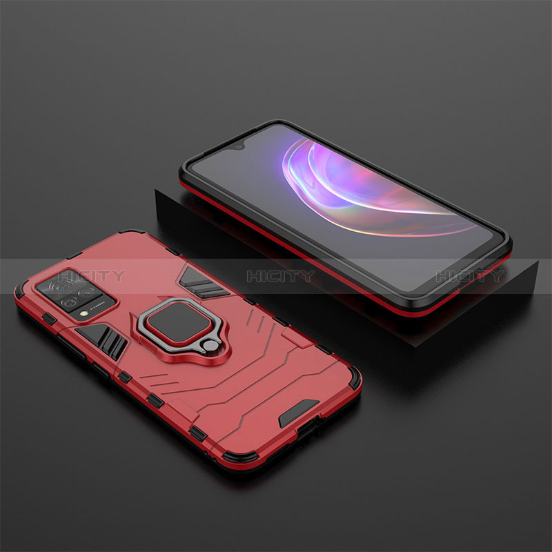 Coque Contour Silicone et Plastique Housse Etui Mat avec Magnetique Support Bague Anneau KC2 pour Vivo V21 5G Rouge Plus