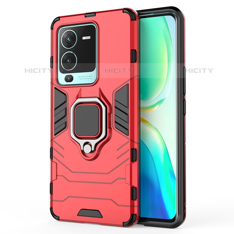 Coque Contour Silicone et Plastique Housse Etui Mat avec Magnetique Support Bague Anneau KC2 pour Vivo V25 Pro 5G Rouge Plus