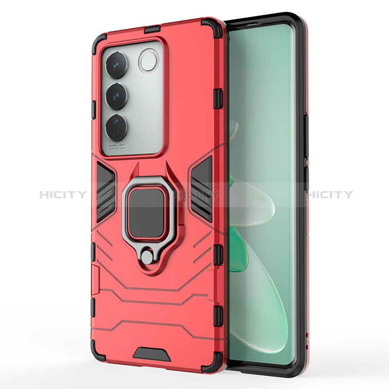 Coque Contour Silicone et Plastique Housse Etui Mat avec Magnetique Support Bague Anneau KC2 pour Vivo V27 5G Rouge Plus