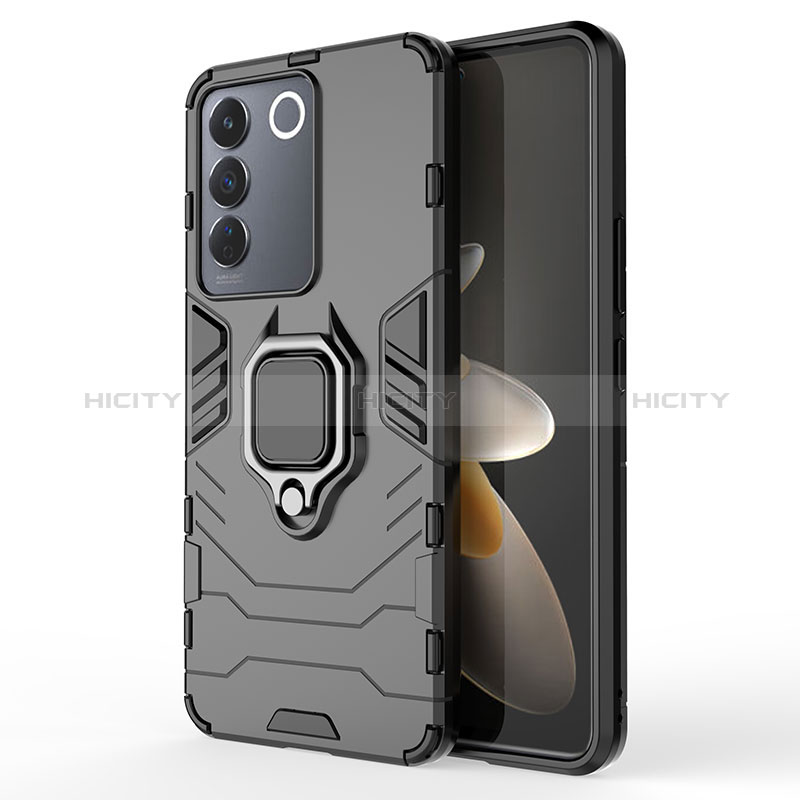 Coque Contour Silicone et Plastique Housse Etui Mat avec Magnetique Support Bague Anneau KC2 pour Vivo V27e 5G Noir Plus