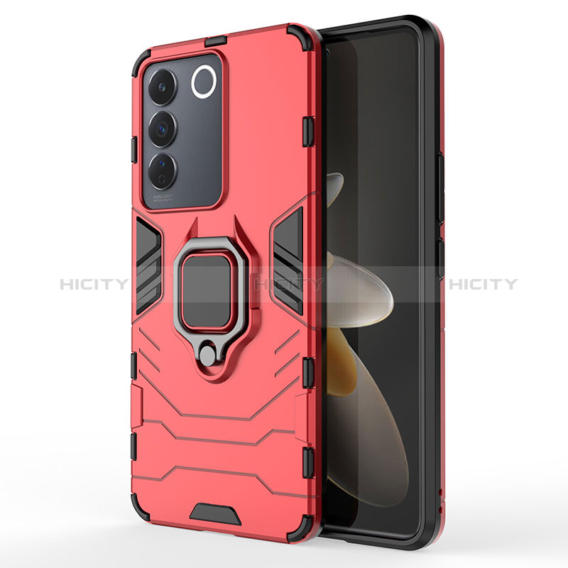 Coque Contour Silicone et Plastique Housse Etui Mat avec Magnetique Support Bague Anneau KC2 pour Vivo V27e 5G Rouge Plus