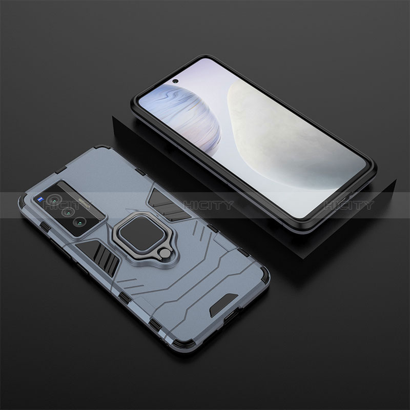 Coque Contour Silicone et Plastique Housse Etui Mat avec Magnetique Support Bague Anneau KC2 pour Vivo X70 5G Bleu Plus