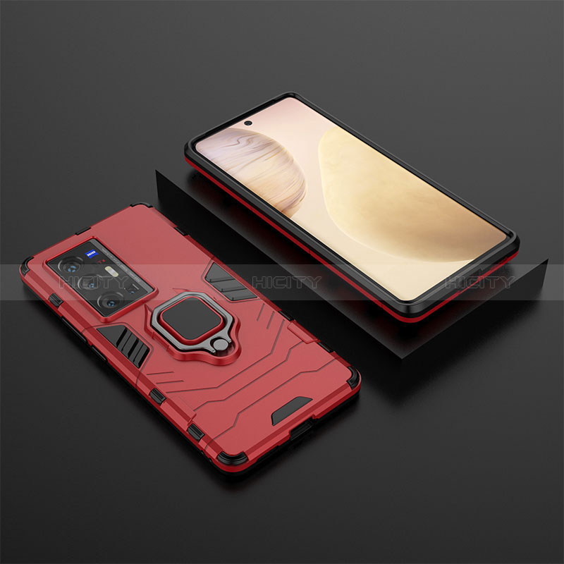 Coque Contour Silicone et Plastique Housse Etui Mat avec Magnetique Support Bague Anneau KC2 pour Vivo X70 Pro+ Plus 5G Rouge Plus