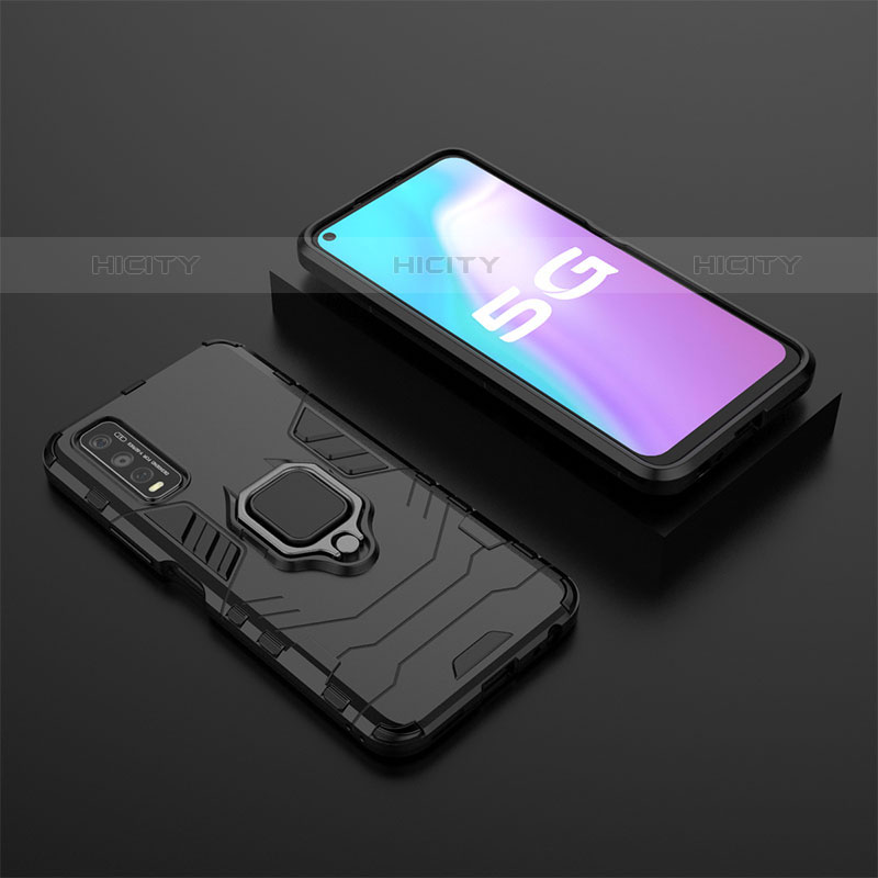 Coque Contour Silicone et Plastique Housse Etui Mat avec Magnetique Support Bague Anneau KC2 pour Vivo Y70S 5G Noir Plus