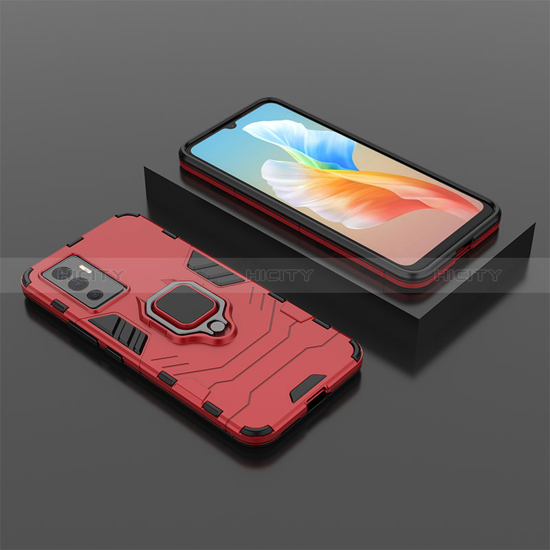 Coque Contour Silicone et Plastique Housse Etui Mat avec Magnetique Support Bague Anneau KC2 pour Vivo Y75 4G Rouge Plus