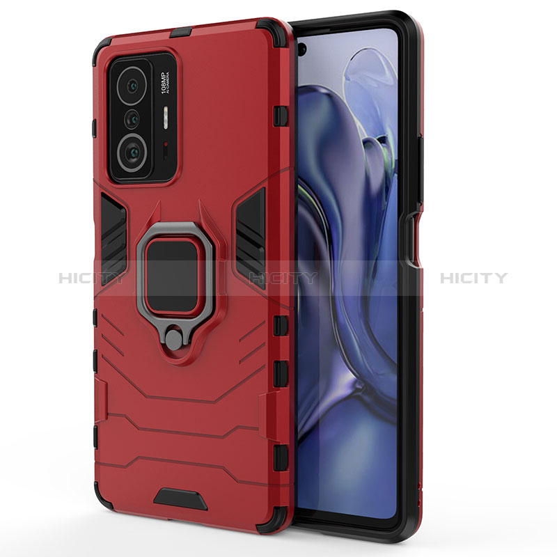 Coque Contour Silicone et Plastique Housse Etui Mat avec Magnetique Support Bague Anneau KC2 pour Xiaomi Mi 11T Pro 5G Rouge Plus